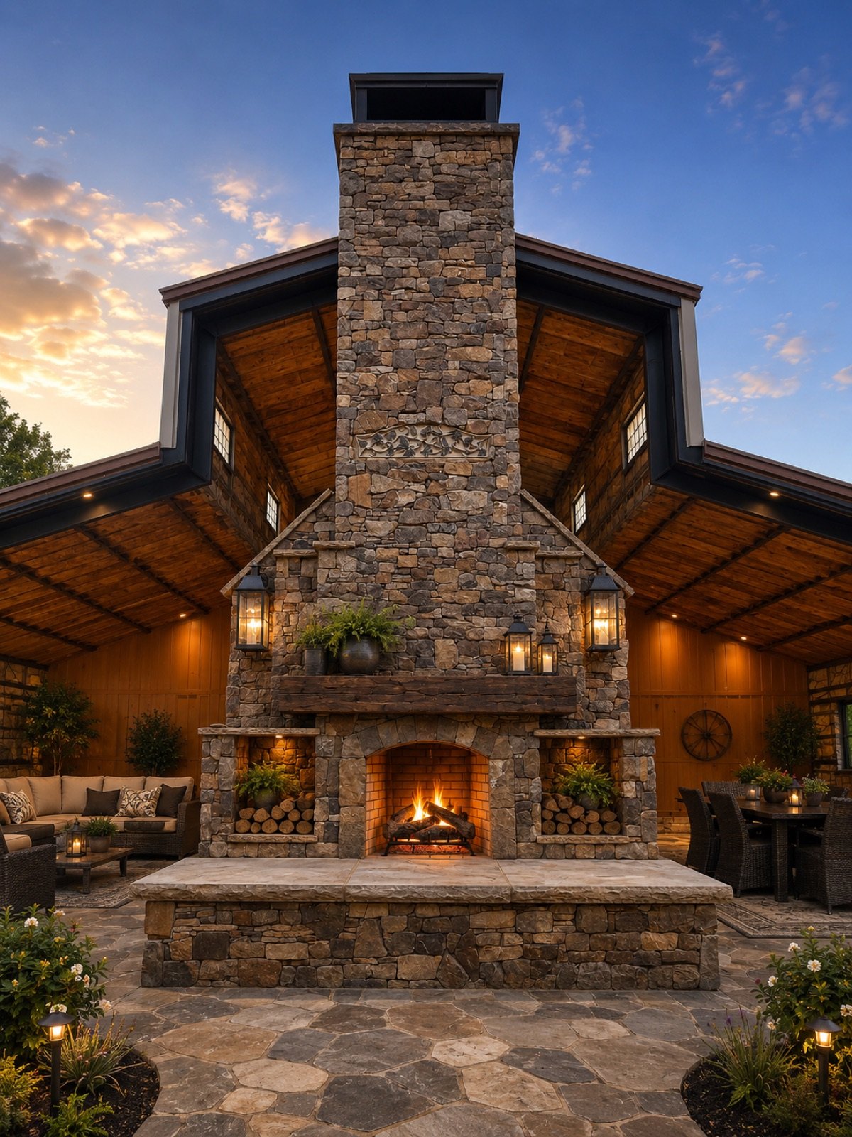 Tall stone chimney rising through the roof of a covered outdoor pavilion at dusk, a fire lit in the hearth below and lounge seating either side