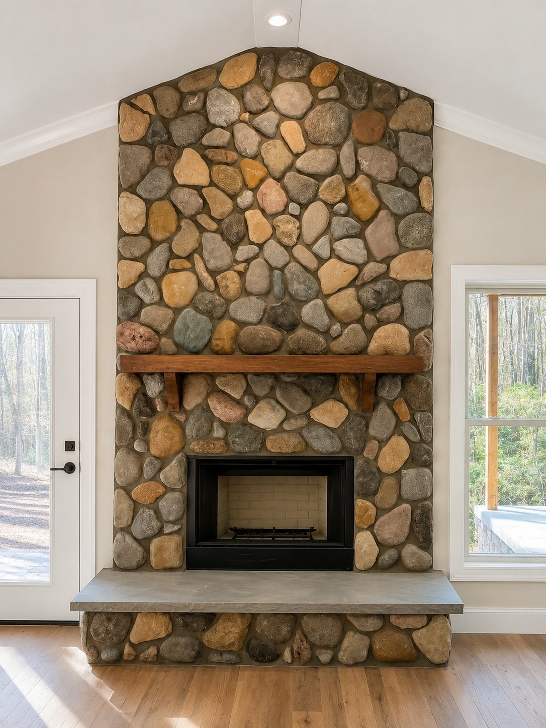 River-rock fireplace running floor to ceiling in a vaulted room