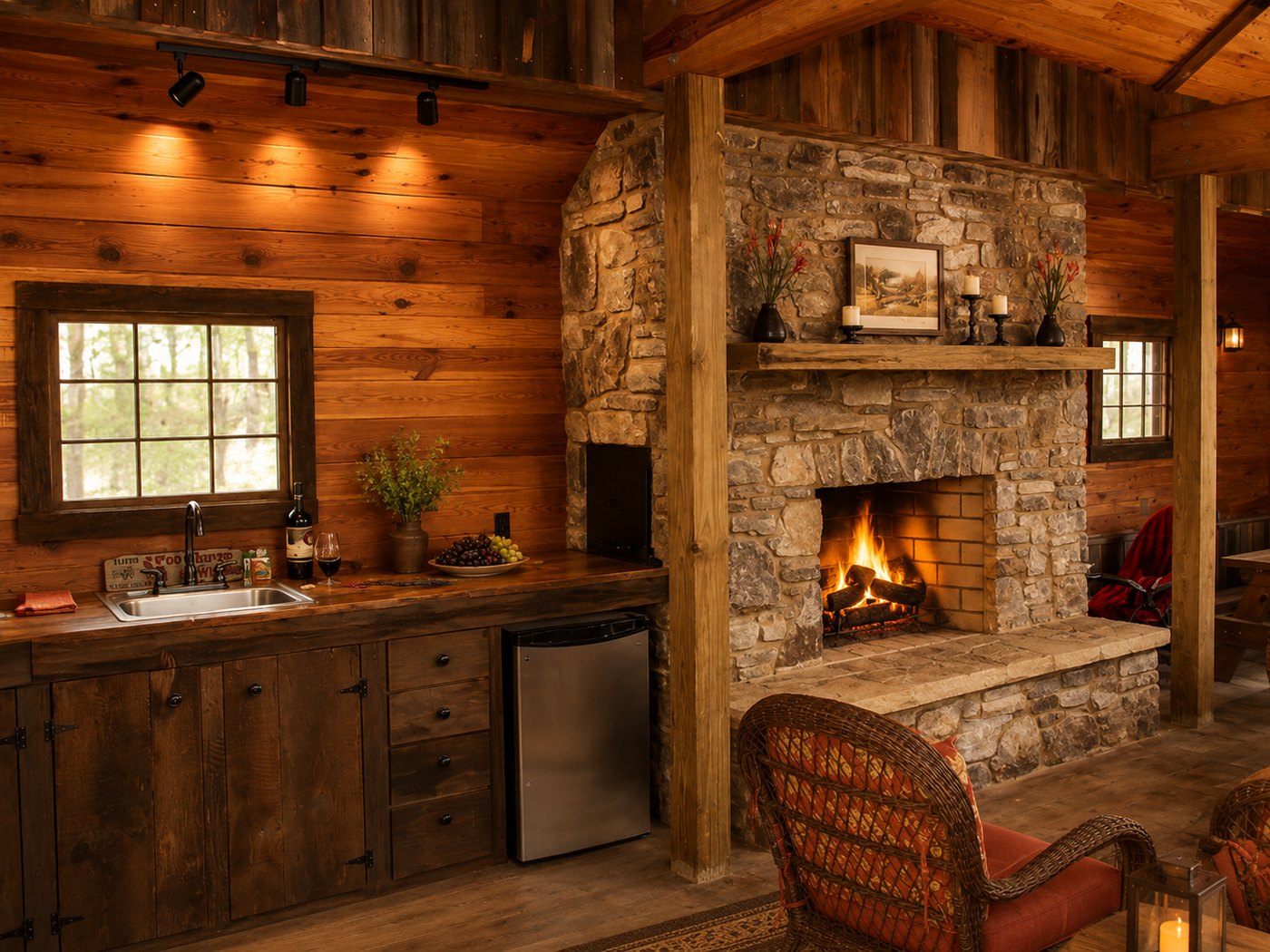 Log cabin room with a stone fireplace and the fire lit