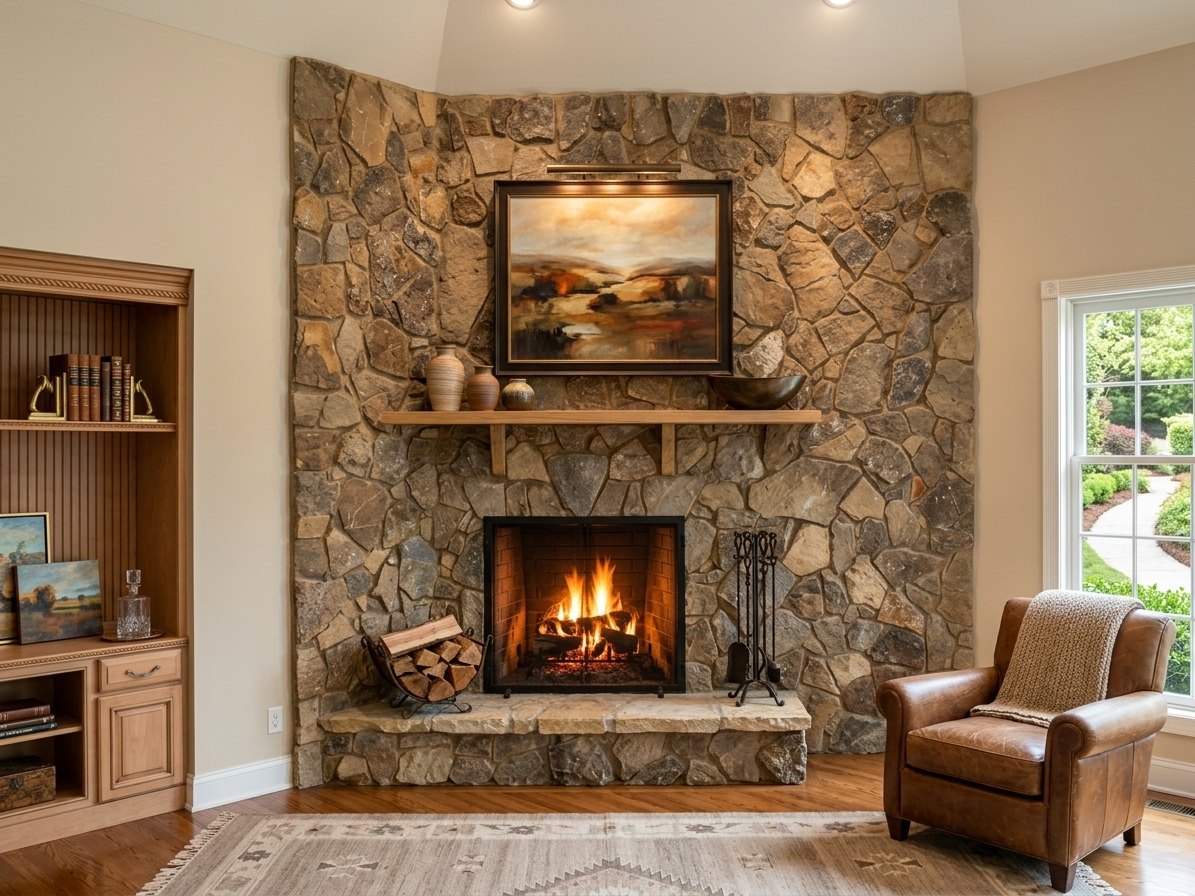 Stone fireplace flanked by built-in shelving, with an armchair beside the hearth