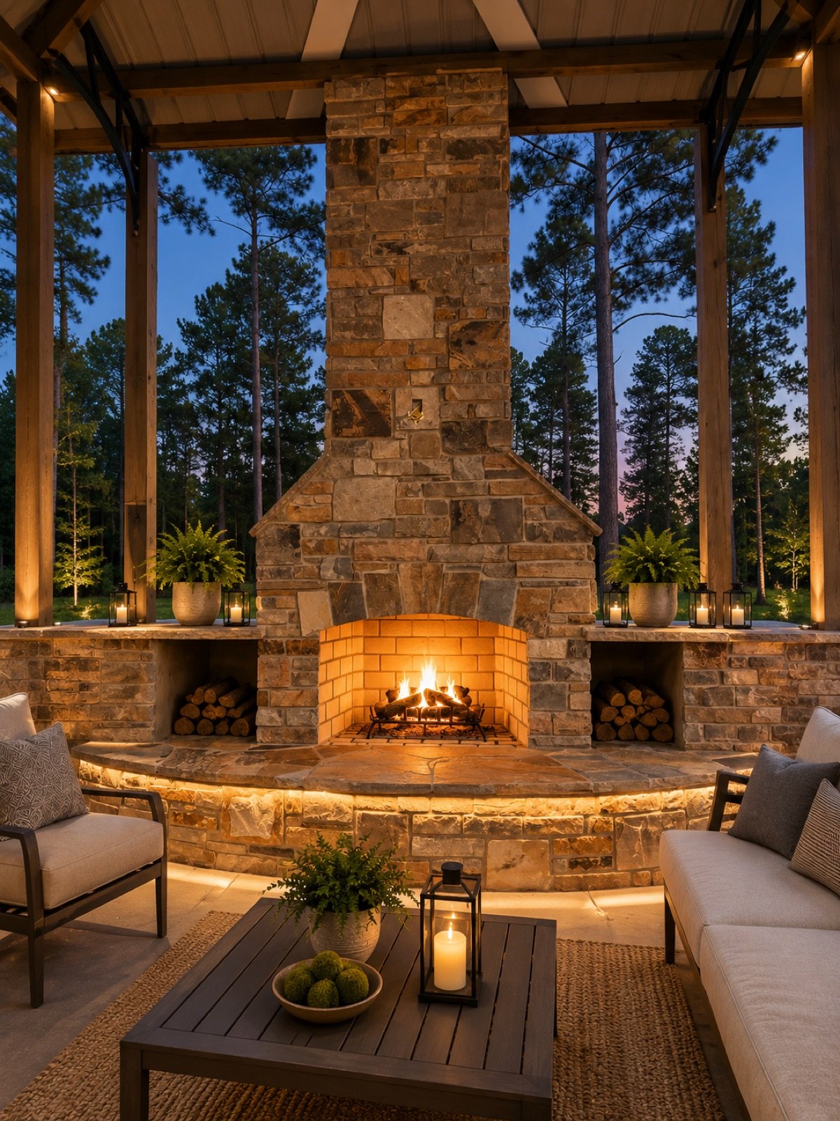 Lit stone fireplace under a timber pavilion, with a reclaimed timber mantel, candles and lanterns on the shelf and a wide raised hearth on flagstone