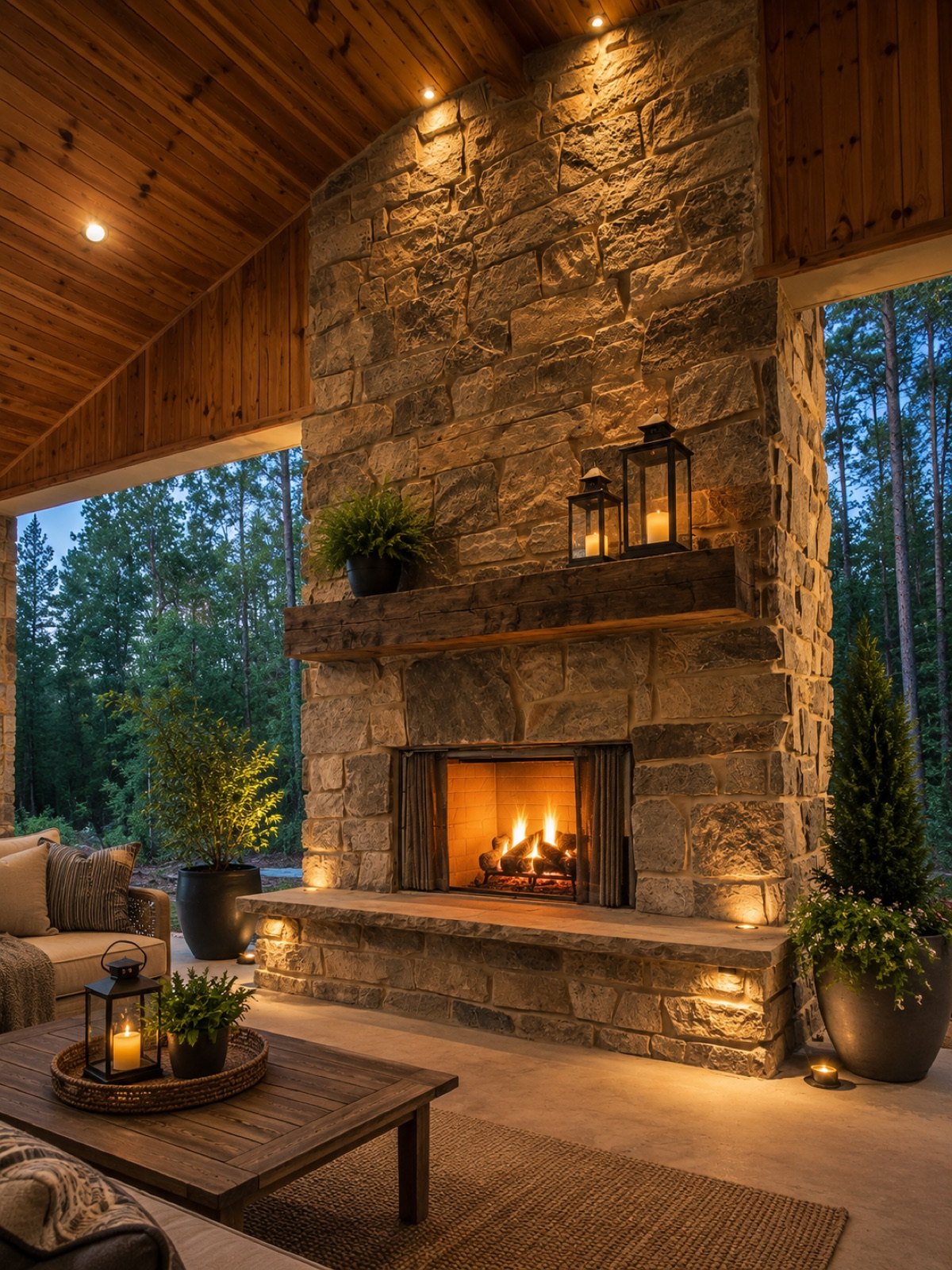 Lit stone fireplace on a covered porch with a wood-panelled vaulted ceiling, a heavy timber mantel and a long raised hearth, open to pines on both sides