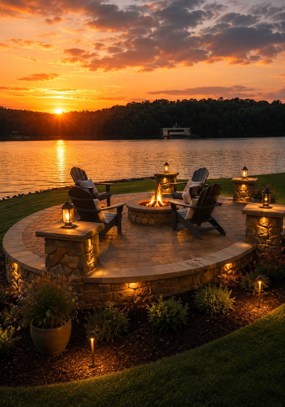 Circular paver patio at sunset beside a lake, with a round stone fire pit alight, a curved stone seat wall and lantern pillars