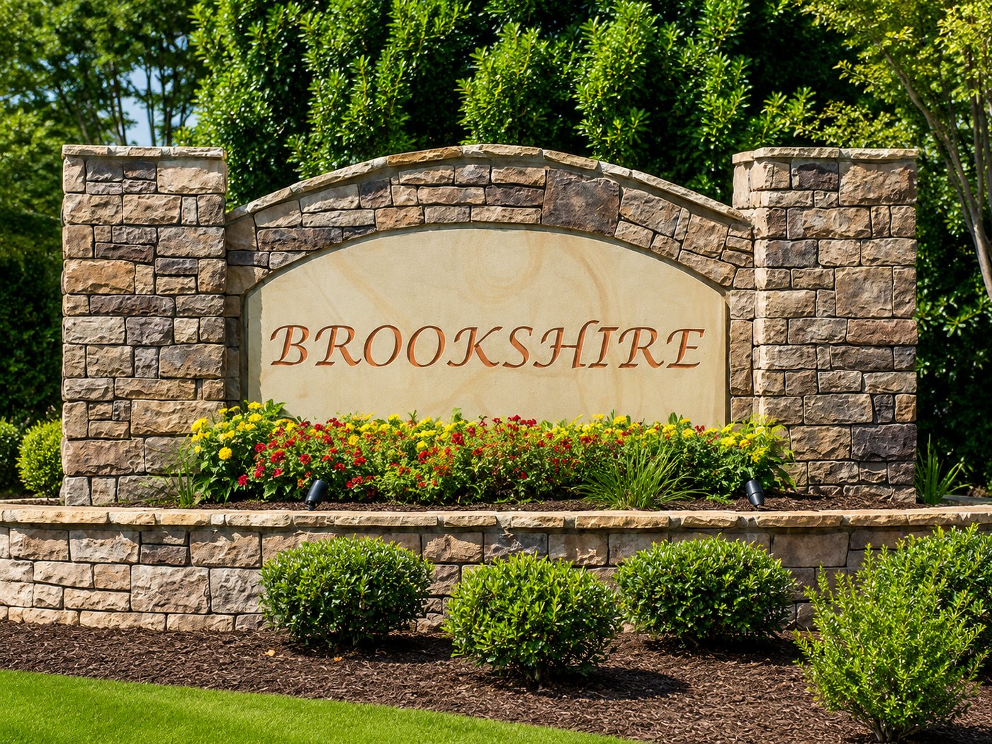 Brookshire subdivision monument sign in stone above a planted bed