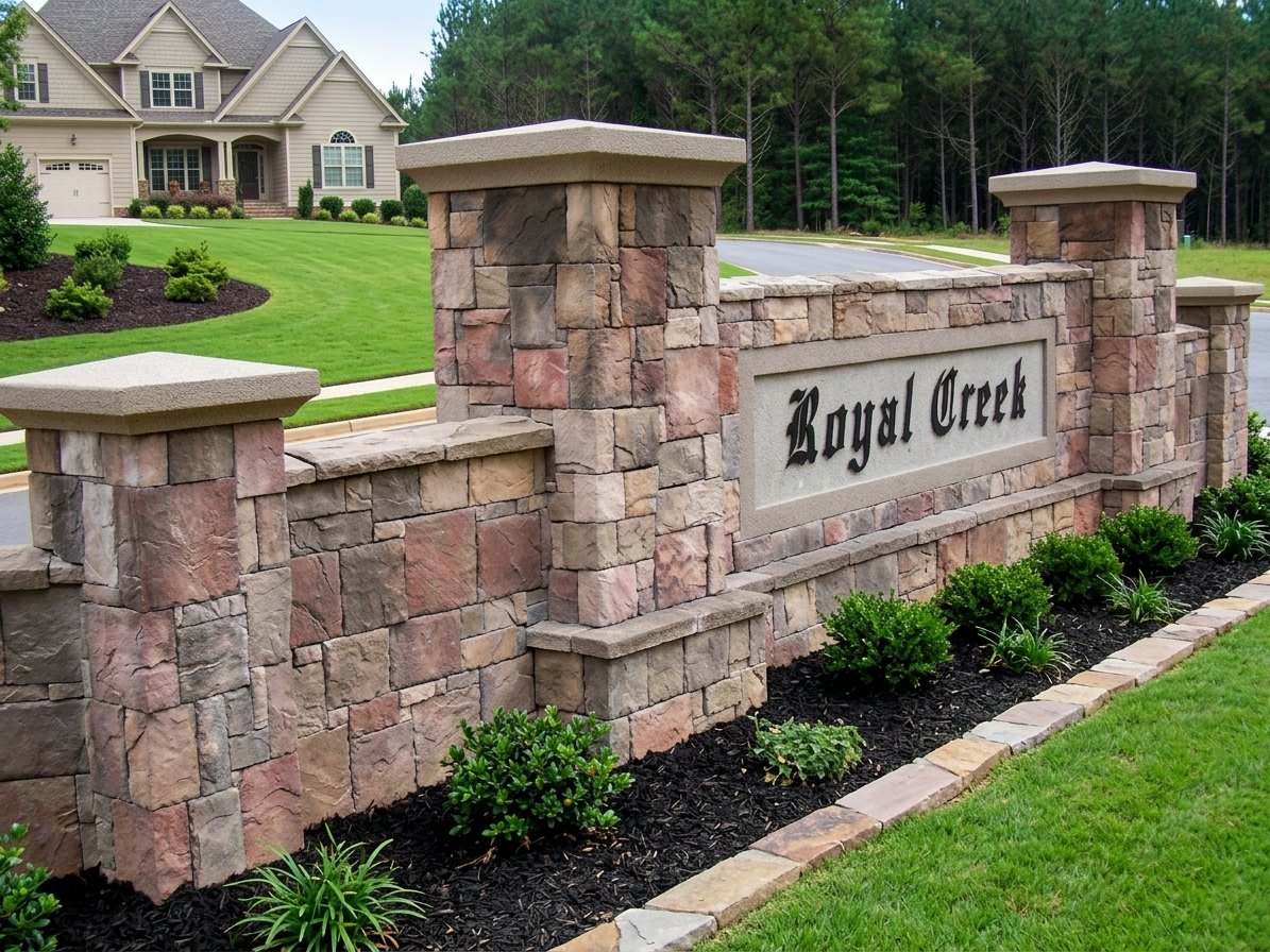 Royal Creek subdivision entrance built as a stone monument wall