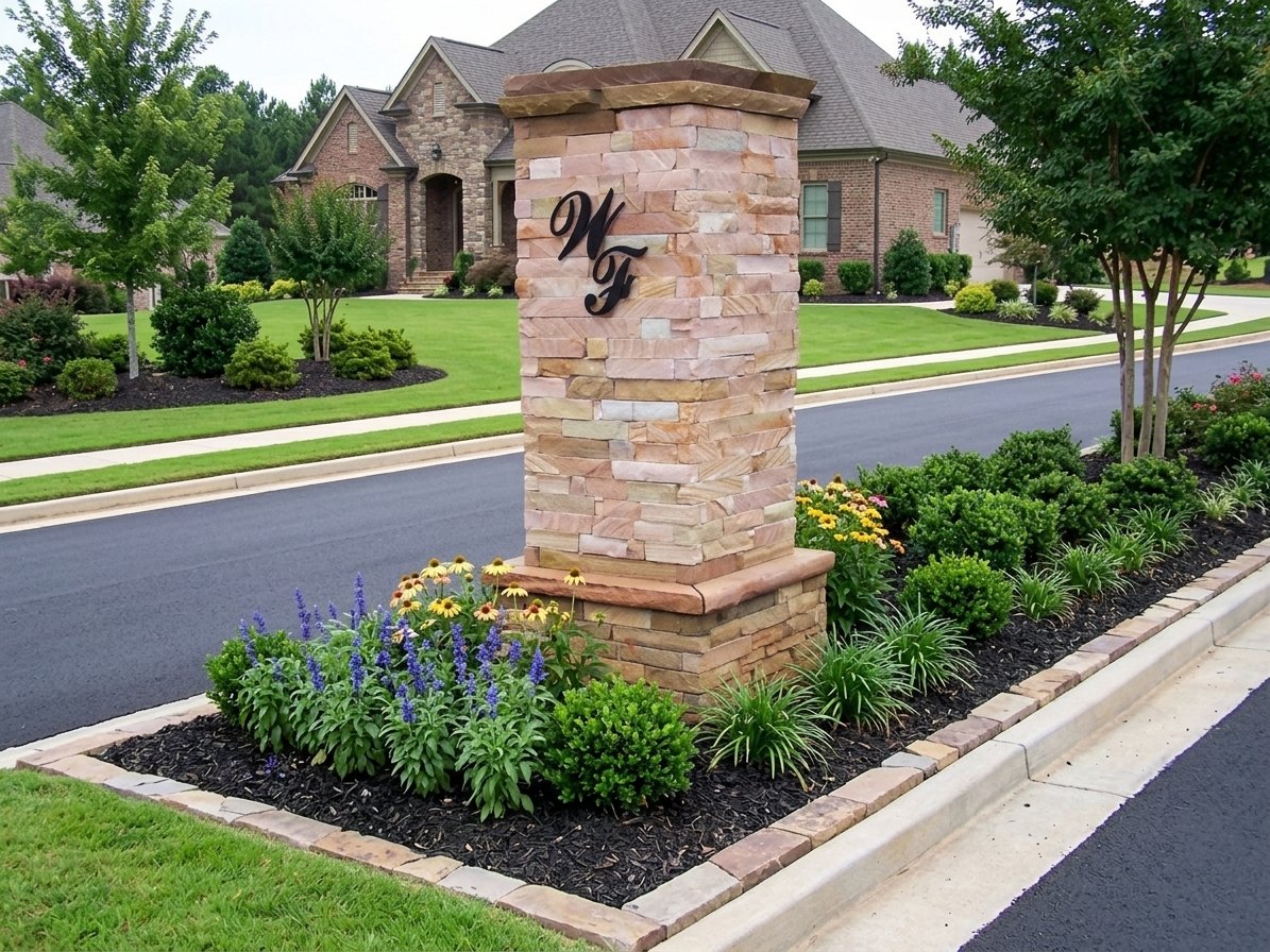 Stone entrance column with a carved WF monogram beside a residential street