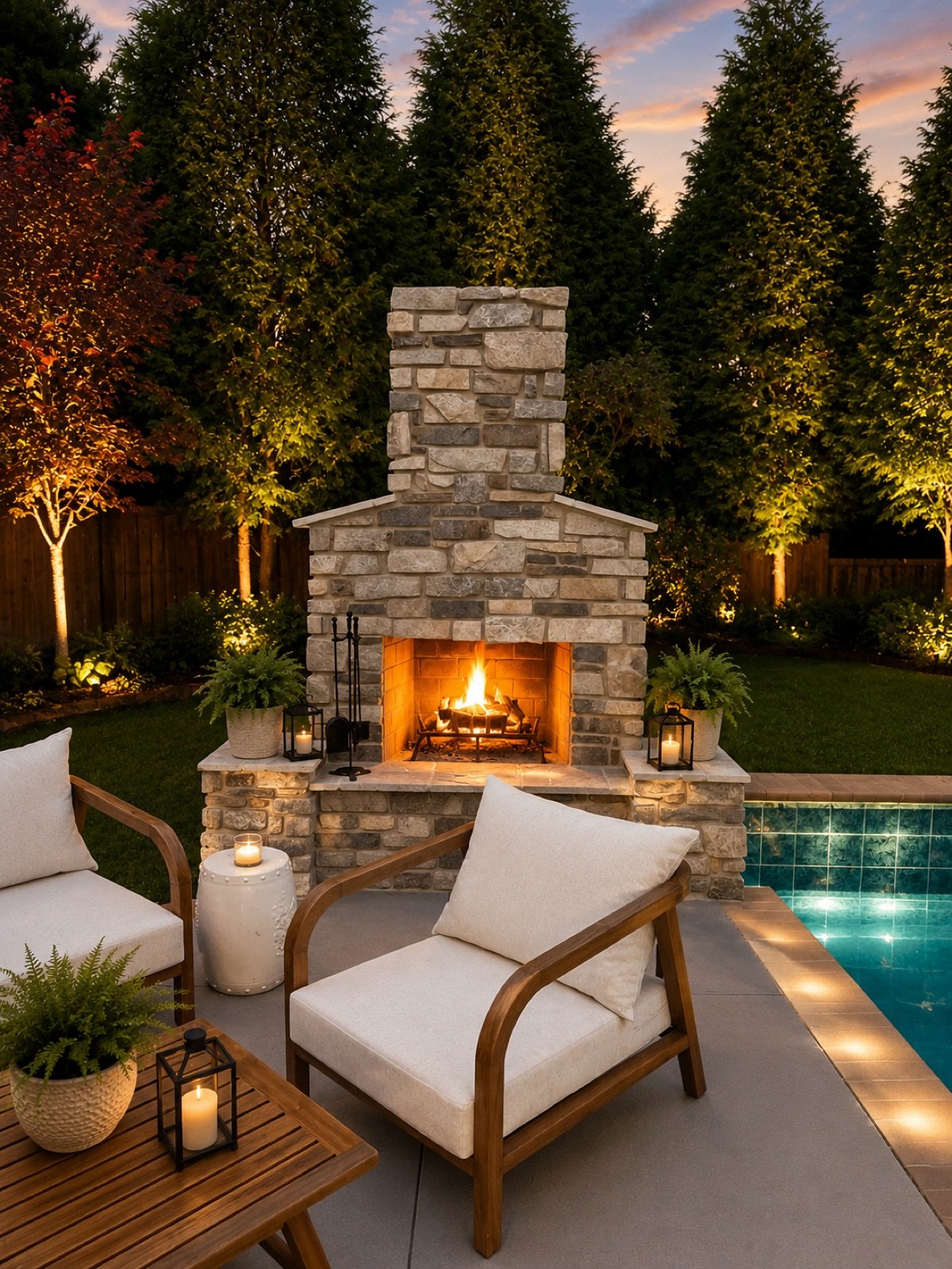 Lit outdoor stone fireplace and chimney at dusk beside a poolside seating area