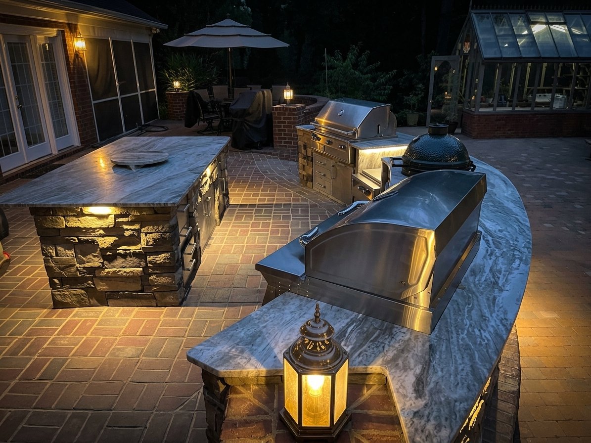 Outdoor kitchen at dusk, a lit granite bar top and grill run built into a stone base