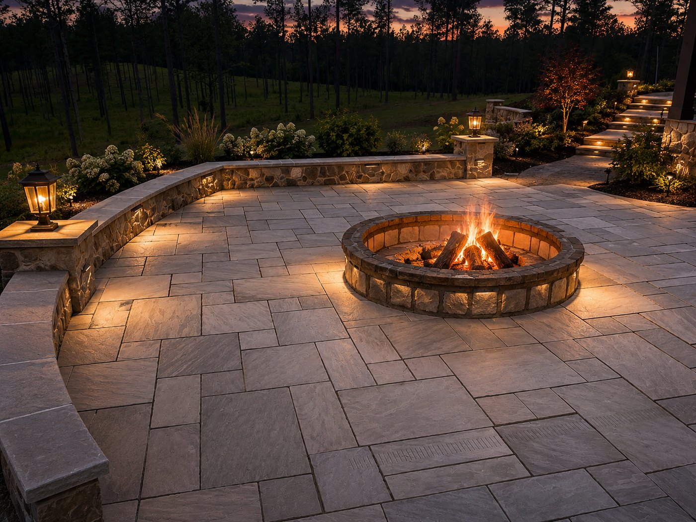 Fire-pit patio at dusk with a lit curved seat wall and planting behind it
