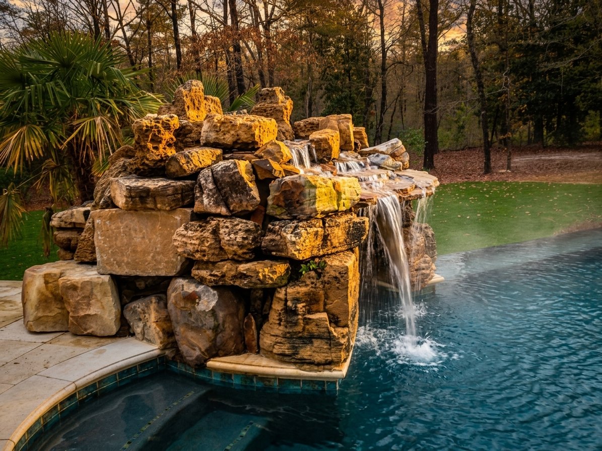 Natural rock waterfall built from stacked boulders spilling into a swimming pool