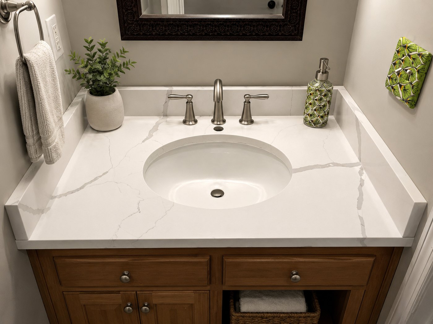 White marble vanity top with an oval undermount basin and a raised backsplash