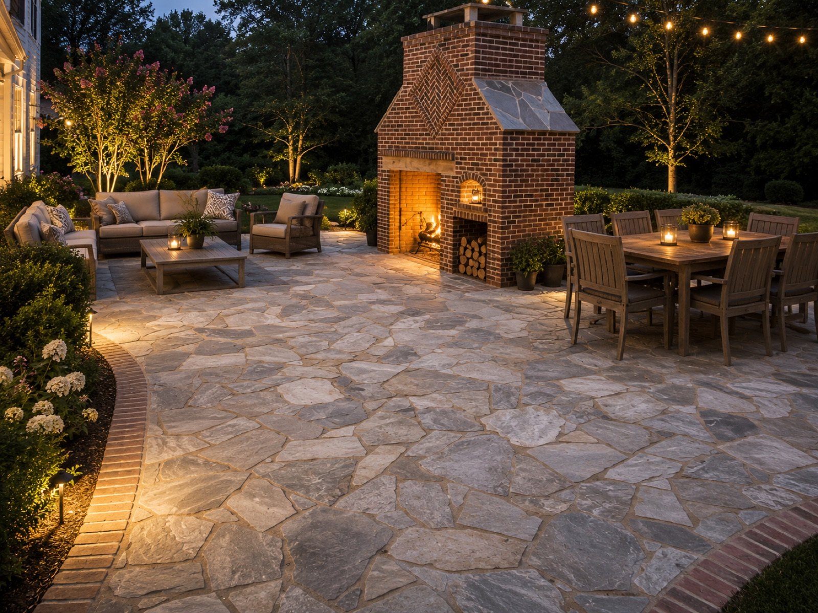 Flagstone patio at dusk with a brick outdoor fireplace, lounge seating, dining table and string lights