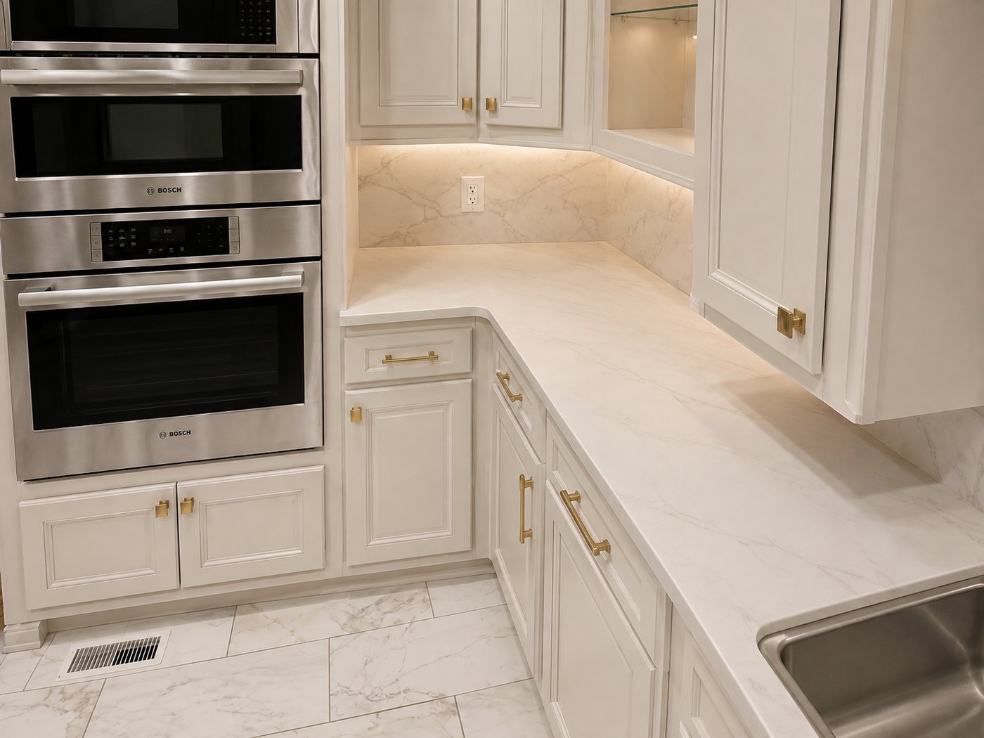 White marble corner run beside a bank of wall ovens