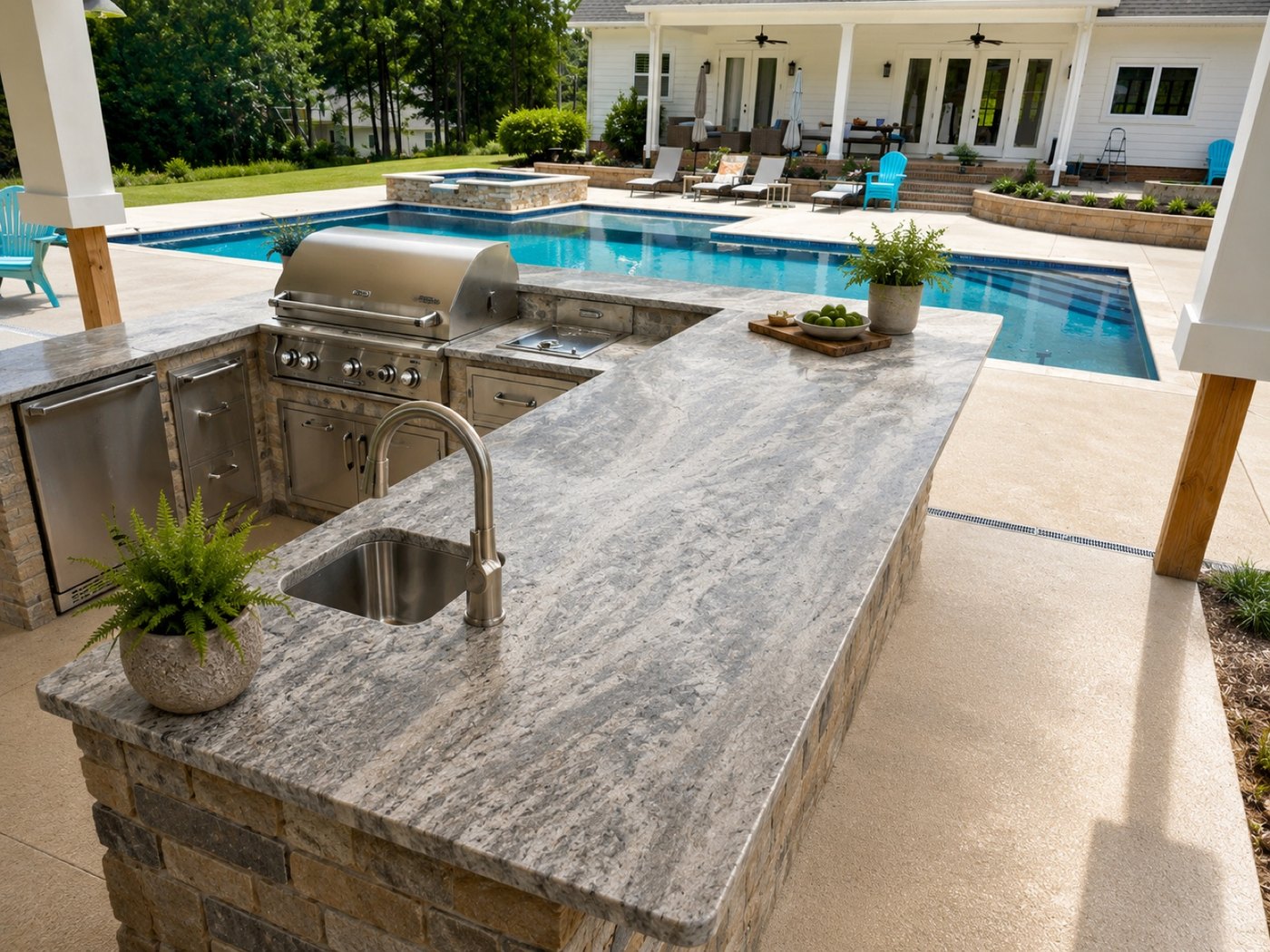 Covered poolside outdoor kitchen with a long veined stone bar top over a brick base, built-in grill, sink and stainless cabinetry, looking across the pool to the house