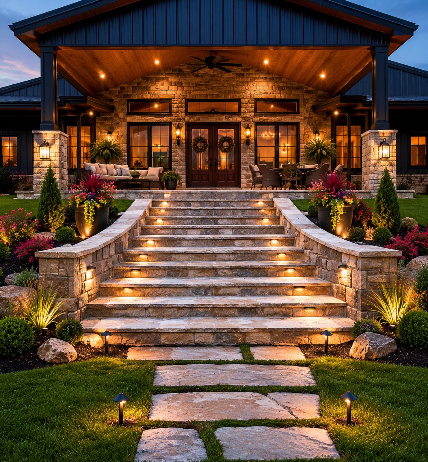 Wide lit stone steps with stone cheek walls climbing to the covered entrance of a stone-fronted house at dusk, meeting a flagstone path across the lawn