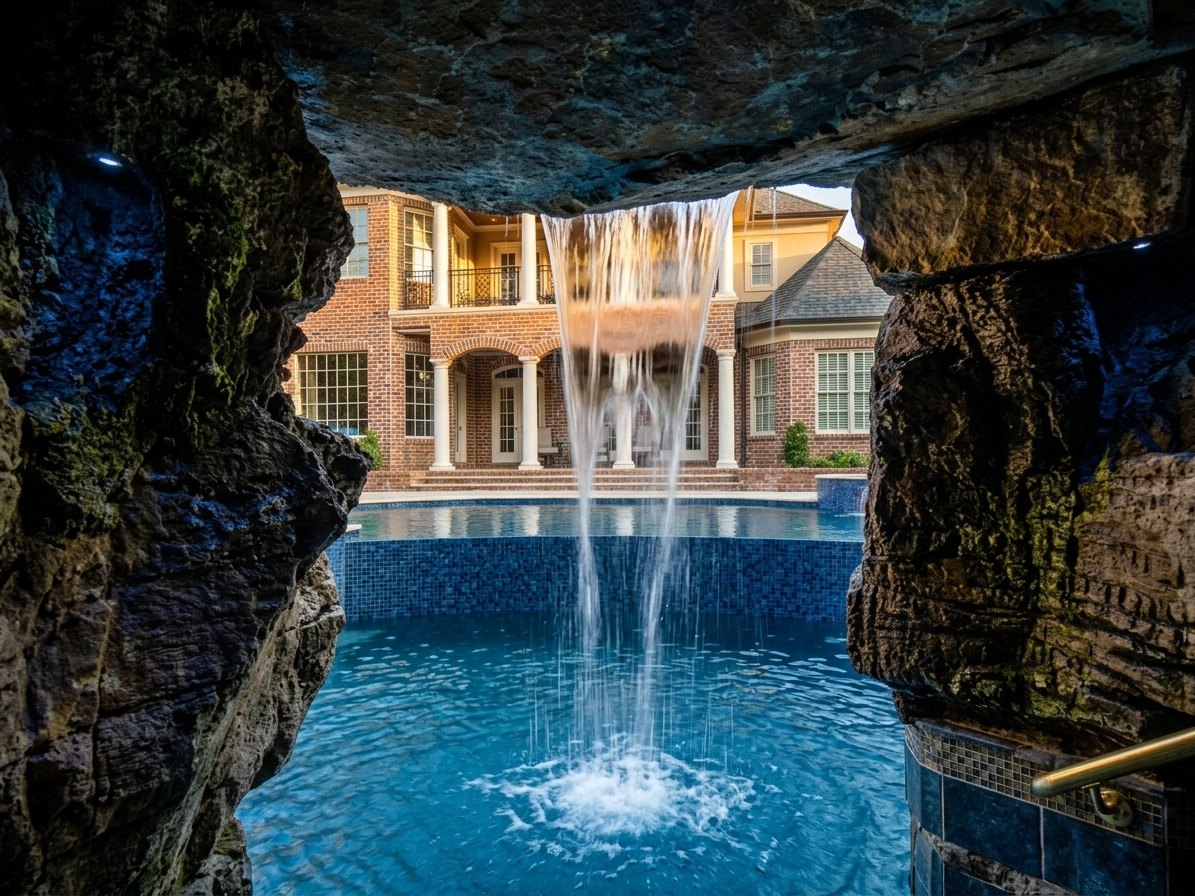 View out from inside a stone grotto across the pool