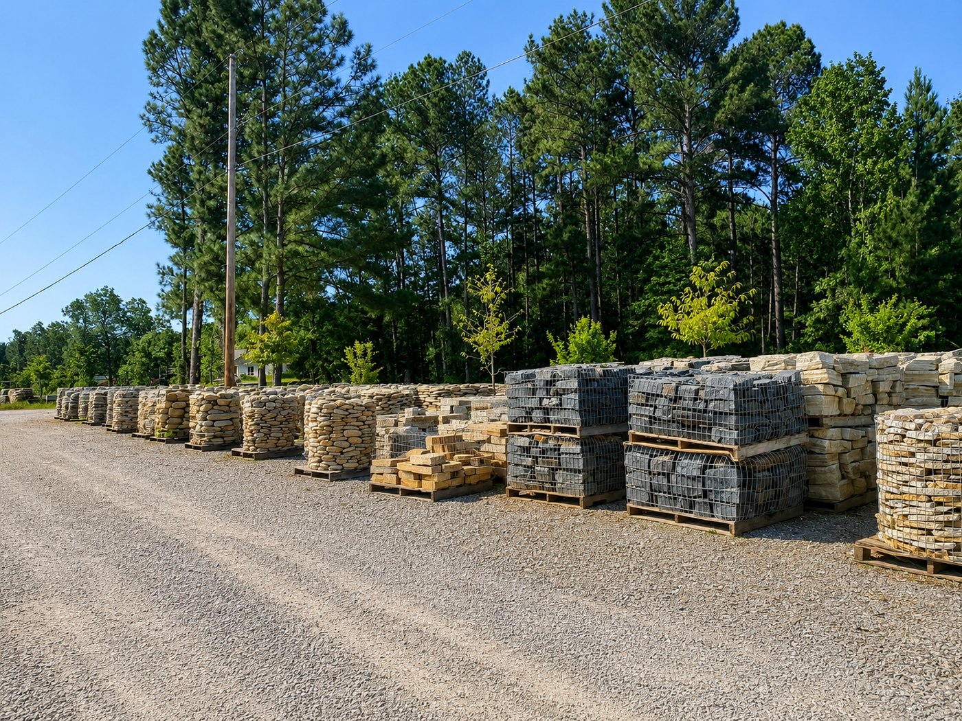Palletised stacked stone in rows across the stone yard