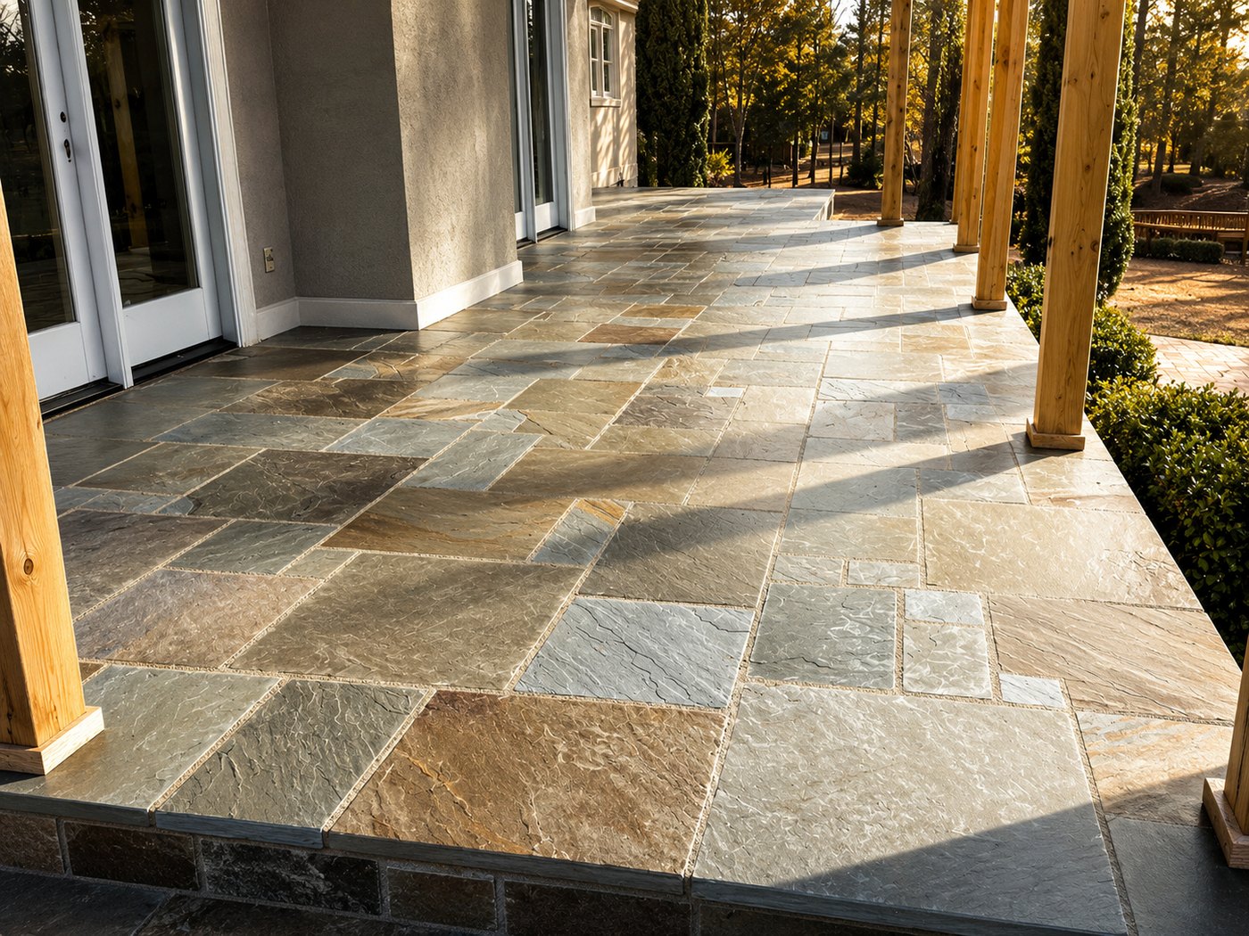 Flagstone floor on a covered porch between timber posts