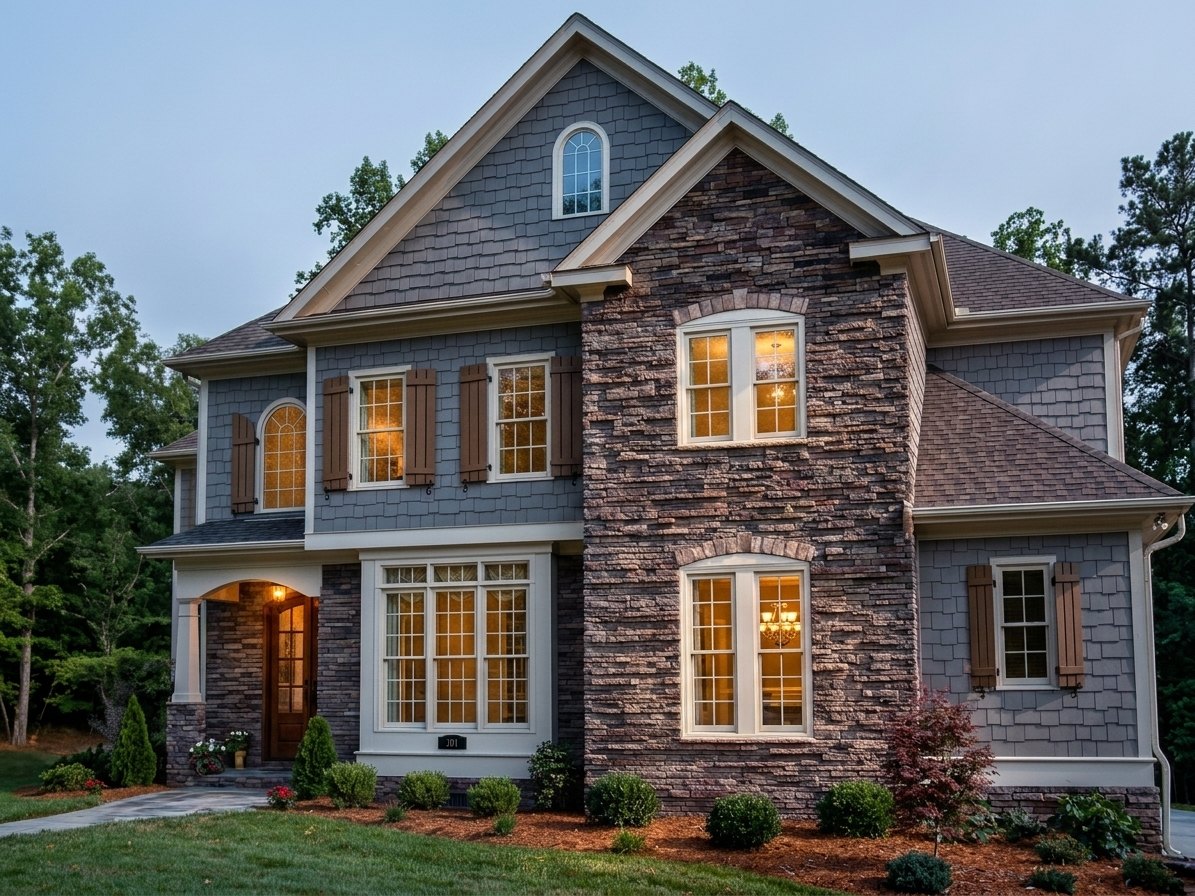 Natural stone facade on a two-storey house at dusk